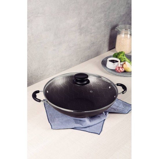 WOK TRAMONTINA PARIS EM ALUMÍNIO COM REVESTIMENTO INTERNO E EXTERNO EM ANTIADERENTE STARFLON MAX CHUMBO COM TAMPA DE VIDRO 36 CM 6,0 L