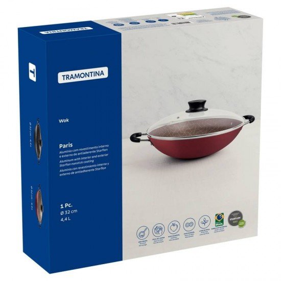 WOK TRAMONTINA PARIS EM ALUMÍNIO COM REVESTIMENTO INTERNO E EXTERNO EM ANTIADERENTE STARFLON MAX VERMELHO COM TAMPA DE VIDRO 32 CM 4,4 L