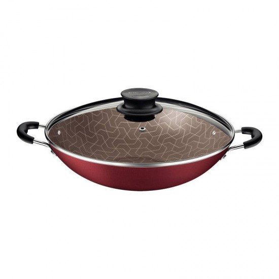 WOK TRAMONTINA PARIS EM ALUMÍNIO COM REVESTIMENTO INTERNO E EXTERNO EM ANTIADERENTE STARFLON MAX VERMELHO COM TAMPA DE VIDRO 32 CM 4,4 L