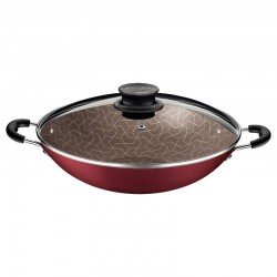 WOK TRAMONTINA PARIS EM ALUMÍNIO COM REVESTIMENTO INTERNO E EXTERNO EM ANTIADERENTE STARFLON MAX VERMELHO COM TAMPA DE VIDRO 36 CM 6,0 L
