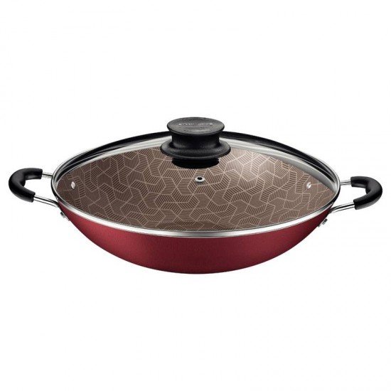 WOK TRAMONTINA PARIS EM ALUMÍNIO COM REVESTIMENTO INTERNO E EXTERNO EM ANTIADERENTE STARFLON MAX VERMELHO COM TAMPA DE VIDRO 36 CM 6,0 L