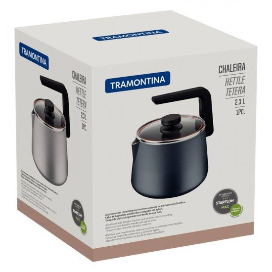 CHALEIRA TRAMONTINA EM ALUMÍNIO COM REVESTIMENTO INTERNO E EXTERNO ANTIADERENTE STARFLON MAX AZUL MARINHO 2,3 L