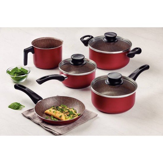 JOGO DE PANELAS TRAMONTINA PARIS EM ALUMÍNIO COM REVESTIMENTO INTERNO E EXTERNO ANTIADERENTE STARFLON MAX VERMELHO 5 PEÇAS