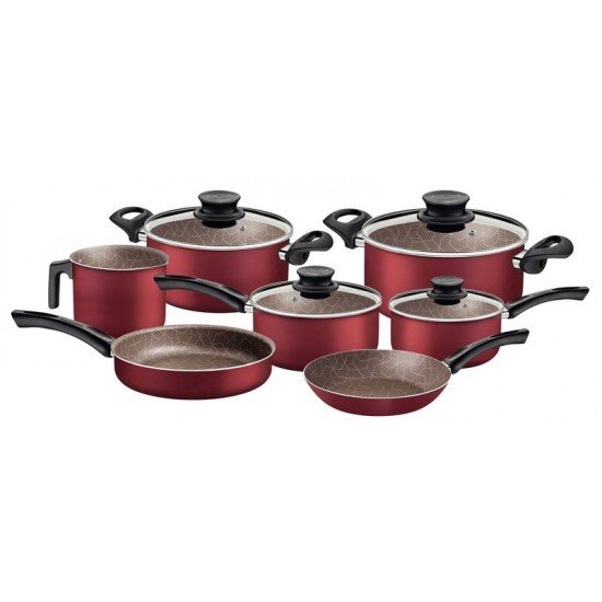 JOGO DE PANELAS TRAMONTINA PARIS EM ALUMÍNIO COM REVESTIMENTO INTERNO E EXTERNO ANTIADERENTE STARFLON MAX VERMELHO 7 PEÇAS