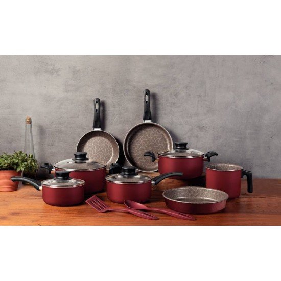 JOGO DE PANELAS TRAMONTINA PARIS EM ALUMÍNIO COM REVESTIMENTO INTERNO E EXTERNO EM ANTIADERENTE STARFLON MAX VERMELHO 10 PEÇAS