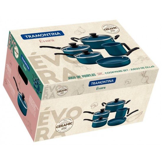 JOGO DE PANELAS TRAMONTINA ÉVORA EM ALUMÍNIO COM REVESTIMENTO INTERNO CERÂMICO E EXTERNO DE SILICONE AZUL 5 PEÇAS