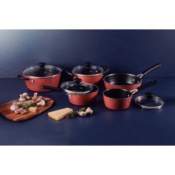 JOGO DE PANELAS TRAMONTINA GLENZ EM ALUMÍNIO COM REVESTIMENTO INTERNO EM STARFLON CRYSTALS E EXTERNO ESMALTADO COBRE ROSE 05 PEÇAS