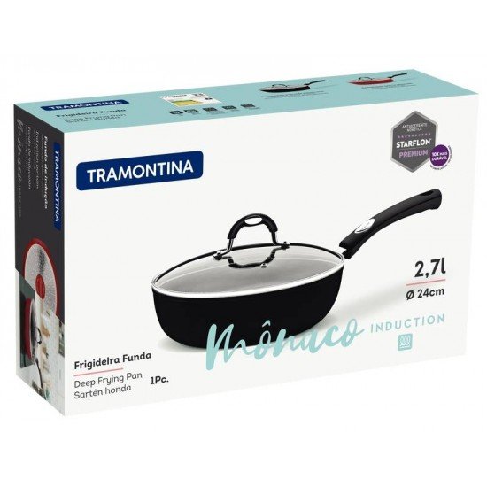 FRIGIDEIRA FUNDA TRAMONTINA MÔNACO INDUCTION EM ALUMÍNIO COM REVESTIMENTO INTERNO E EXTERNO ANTIADERENTE STARFLON PREMIUM PRETO COM TAMPA 24 CM 2,7 L