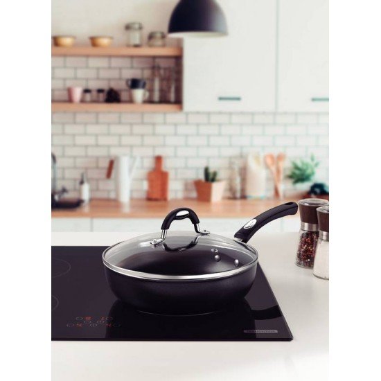 FRIGIDEIRA FUNDA TRAMONTINA MÔNACO INDUCTION EM ALUMÍNIO COM REVESTIMENTO INTERNO E EXTERNO ANTIADERENTE STARFLON PREMIUM PRETO COM TAMPA 24 CM 2,7 L