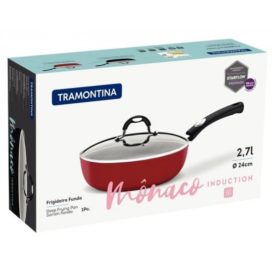 FRIGIDEIRA FUNDA TRAMONTINA MÔNACO INDUCTION EM ALUMÍNIO COM REVESTIMENTO INTERNO ANTIADERENTE STARFLON PREMIUM VERMELHO COM TAMPA 24 CM 2,7 L