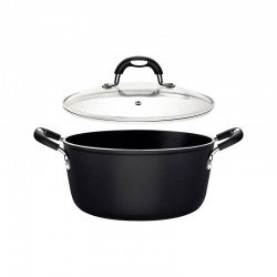 CAÇAROLA TRAMONTINA MÔNACO INDUCTION EM ALUMÍNIO COM REVESTIMENTO INTERNO E EXTERNO ANTIADERENTE STARFLON PREMIUM PRETO COM TAMPA DE VIDRO 28 CM 6,4 L