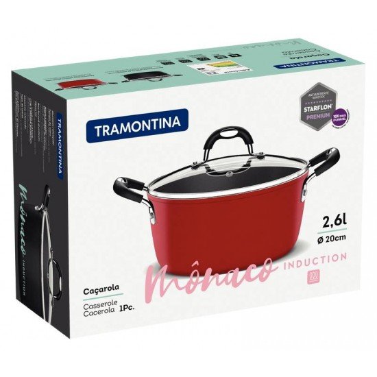 CAÇAROLA TRAMONTINA MÔNACO INDUCTION EM ALUMÍNIO COM REVESTIMENTO INTERNO ANTIADERENTE STARFLON PREMIUM E EXTERNO SILICONADO VERMELHO 20 CM 2,6 L