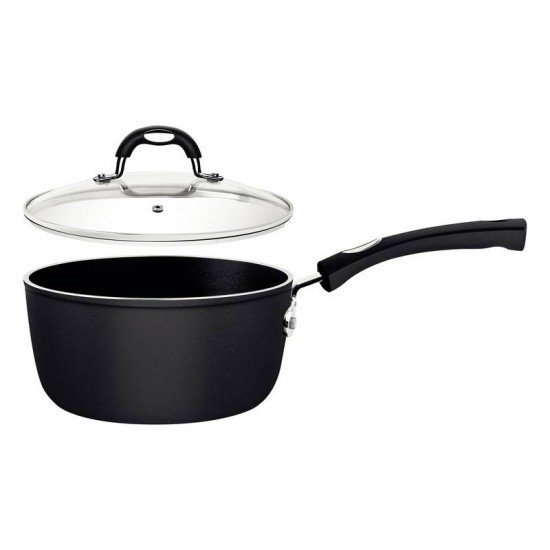 PANELA TRAMONTINA MÔNACO INDUCTION EM ALUMÍNIO COM REVESTIMENTO INTERNO E EXTERNO ANTIADERENTE STARFLON PREMIUM PRETO COM TAMPA DE VIDRO  20 CM 2,6 L