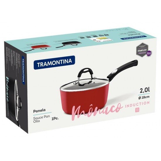 PANELA TRAMONTINA MÔNACO INDUCTION EM ALUMÍNIO COM REVESTIMENTO INTERNO ANTIADERENTE STARFLON PREMIUM E EXTERNO SILICONADO VERMELHO 18 CM 2 L
