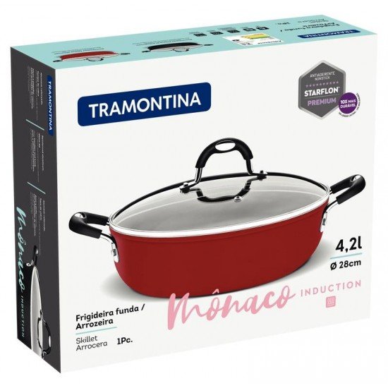 ARROZEIRA TRAMONTINA MÔNACO INDUCTION EM ALUMÍNIO COM REVESTIMENTO INTERNO ANTIADERENTE STARFLON PREMIUM E EXTERNO SILICONADO VERMELHO 28 CM 4,2 L