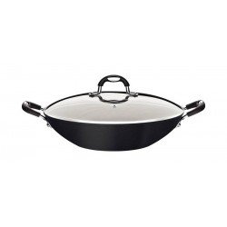 WOK TRAMONTINA MÔNACO INDUCTION EM ALUMÍNIO COM REVESTIMENTO INTERNO E EXTERNO ANTIADERENTE STARFLON PREMIUM PRETO COM TAMPA DE VIDRO 32 CM 4,5 L