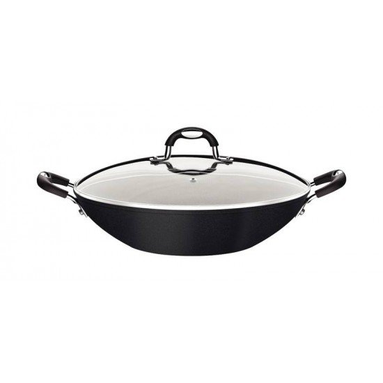 WOK TRAMONTINA MÔNACO INDUCTION EM ALUMÍNIO COM REVESTIMENTO INTERNO E EXTERNO ANTIADERENTE STARFLON PREMIUM PRETO COM TAMPA DE VIDRO 32 CM 4,5 L