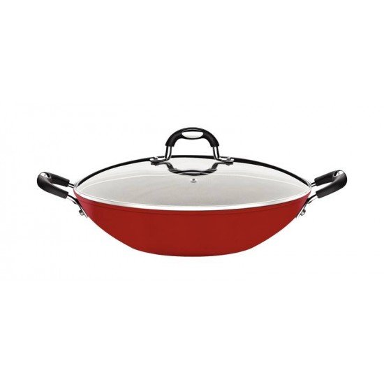 WOK TRAMONTINA MÔNACO INDUCTION EM ALUMÍNIO COM REVESTIMENTO INTERNO ANTIADERENTE STARFLON PREMIUM E  EXTERNO SILICONADO VERMELHO 32 CM 4,5 L