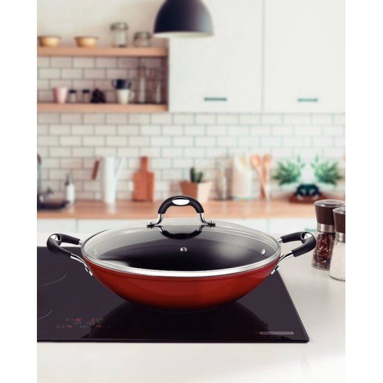 WOK TRAMONTINA MÔNACO INDUCTION EM ALUMÍNIO COM REVESTIMENTO INTERNO ANTIADERENTE STARFLON PREMIUM E  EXTERNO SILICONADO VERMELHO 32 CM 4,5 L