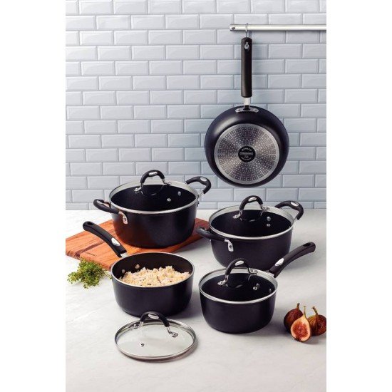 JOGO DE PANELAS TRAMONTINA MÔNACO INDUCTION EM ALUMÍNIO COM REVESTIMENTO INTERNO E EXTERNO ANTIADERENTE STARFLON PREMIUM PRETO 5 PEÇAS