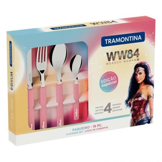 FAQUEIRO TRAMONTINA MULHER-MARAVILHA 1984 COM LÂMINAS EM AÇO INOX E CABOS DE POLIPROPILENO ROSÉ 16 PEÇAS