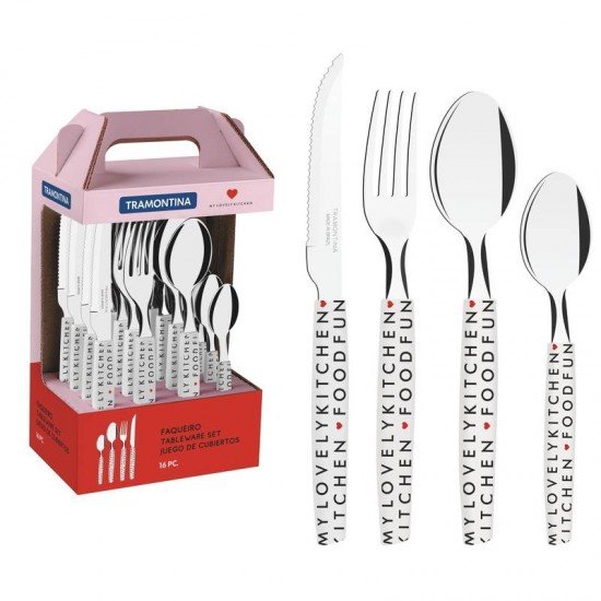 FAQUEIRO MY LOVELY KITCHEN LAMINAS EM ACO INOX E CABOS DE POLIPROPILENO BRANCO 16 PECAS TRAMONTINA