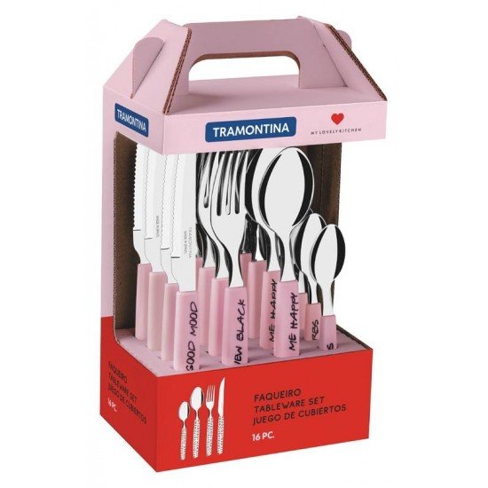 FAQUEIRO MY LOVELY KITCHEN COM LAMINAS EM ACO INOX E CABOS DE POLIPROPILENO ROSA 16 PECAS TRAMONTINA