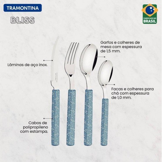 FAQUEIRO TRAMONTINA BLISS COM LÂMINAS EM AÇO INOX E CABOS DE POLIPROPILENO AZUL ACINZENTADO 16 PEÇAS