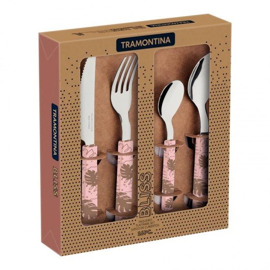 FAQUEIRO TRAMONTINA BLISS COM LÂMINAS EM AÇO INOX E CABOS DE POLIPROPILENO ROSA PASTEL 16 PEÇAS