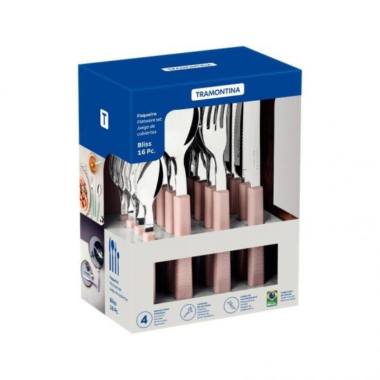 FAQUEIRO TRAMONTINA BLISS COM LÂMINAS EM AÇO INOX E CABOS DE POLIPROPILENO LINHO 16 PEÇAS