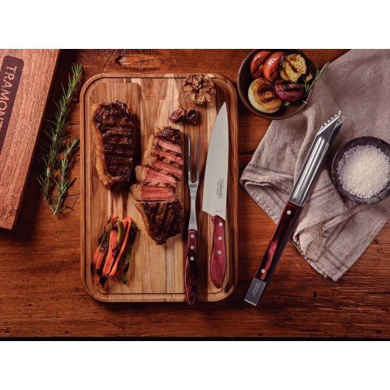 JOGO TRINCHANTE TRAMONTINA COM LÂMINAS EM AÇO INOX E CABOS DE MADEIRA TRATADA POLYWOOD VERMELHO 03 PEÇAS