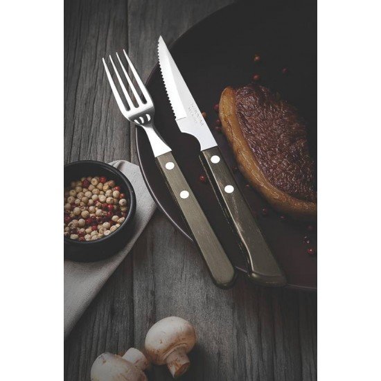 JOGO DE TALHERES CHURRASCO AÇO INOX COM CABO CASTANHO POLYWOOD ESTOJO DE MADEIRA 8 PEÇAS TRAMONTINA