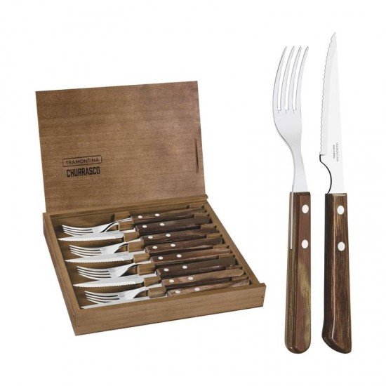 JOGO DE TALHERES CHURRASCO AÇO INOX COM CABO CASTANHO POLYWOOD ESTOJO DE MADEIRA 8 PEÇAS TRAMONTINA