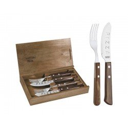 JOGO DE TALHERES PARA PIZZA EM ACO INOX CABO CASTANHO POLYWOOD ESTOJO DE MADEIRA 4 PECAS TRAMONTINA
