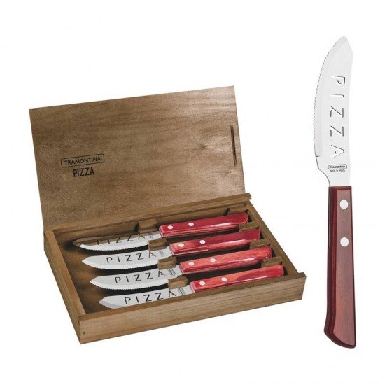 CONJUNTO DE FACAS PARA PIZZA EM ACO INOX CABO VERMELHO POLYWOOD ESTOJO DE MADEIRA 4 PECAS TRAMONTINA
