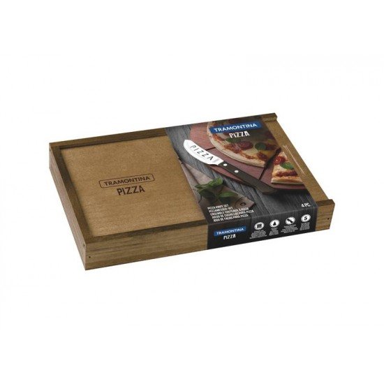 CONJUNTO DE FACAS PARA PIZZA EM ACO INOX CABO CASTANHO POLYWOOD ESTOJO DE MADEIRA 4 PECAS TRAMONTINA