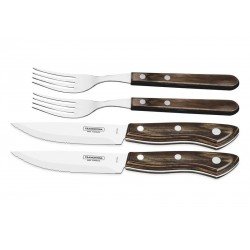 JOGO DE TALHERES CHURRASCO AÇO INOX CABO CASTANHO POLYWOOD ESTOJO DE MADEIRA 4 PEÇAS TRAMONTINA
