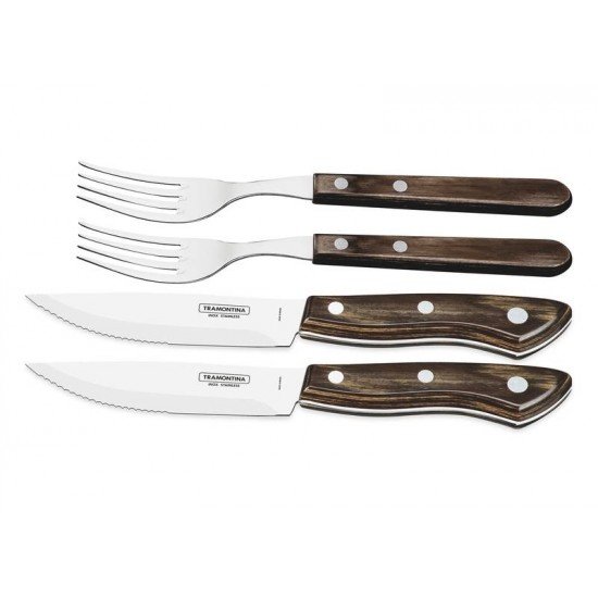 JOGO DE TALHERES CHURRASCO AÇO INOX CABO CASTANHO POLYWOOD ESTOJO DE MADEIRA 4 PEÇAS TRAMONTINA