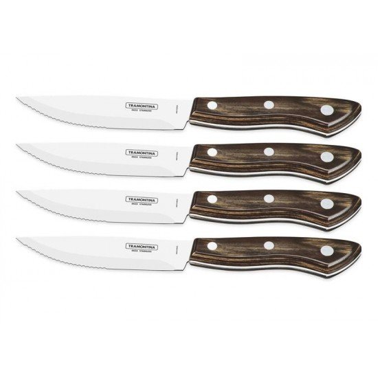 CONJUNTO DE FACAS PARA CHURRASCO BUENO EM AÇO INOX COM CABO CASTANHO POLYWOOD COM ESTOJO DE MADEIRA