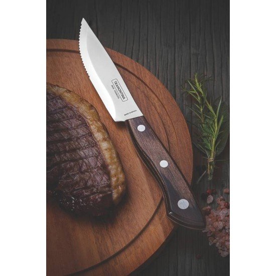 CONJUNTO DE FACAS PARA CHURRASCO BUENO EM AÇO INOX COM CABO CASTANHO POLYWOOD COM ESTOJO DE MADEIRA