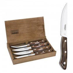 CONJUNTO DE FACAS PARA CHURRASCO BUENO EM AÇO INOX COM CABO CASTANHO POLYWOOD COM ESTOJO DE MADEIRA