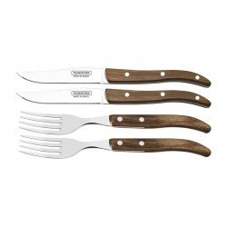 JOGO DE TALHERES CHURRASCO AÇO INOX CABO CASTANHO POLYWOOD COM ESTOJO DE MADEIRA 4 PEÇAS TRAMONTINA