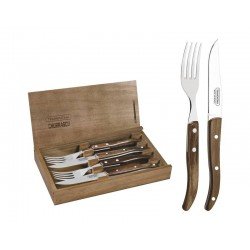 JOGO DE TALHERES CHURRASCO AÇO INOX CABO CASTANHO POLYWOOD COM ESTOJO DE MADEIRA 4 PEÇAS TRAMONTINA
