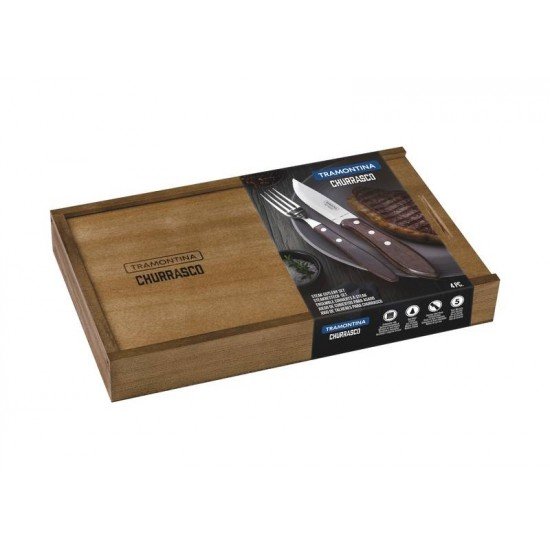 JOGO DE TALHERES CHURRASCO AÇO INOX CABO CASTANHO POLYWOOD COM ESTOJO DE MADEIRA 4 PEÇAS TRAMONTINA