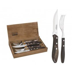 JOGO DE TALHERES CHURRASCO AÇO INOX CABO CASTANHO POLYWOOD COM ESTOJO DE MADEIRA 4 PEÇAS TRAMONTINA
