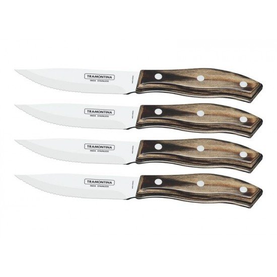 CONJUNTO DE FACAS CHURRASCO RIO GRANDE AÇO INOX CABO CASTANHO POLYWOOD  ESTOJO DE MADEIRA TRAMONTINA