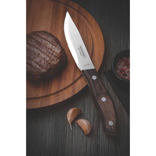CONJUNTO DE FACAS CHURRASCO RIO GRANDE AÇO INOX CABO CASTANHO POLYWOOD  ESTOJO DE MADEIRA TRAMONTINA