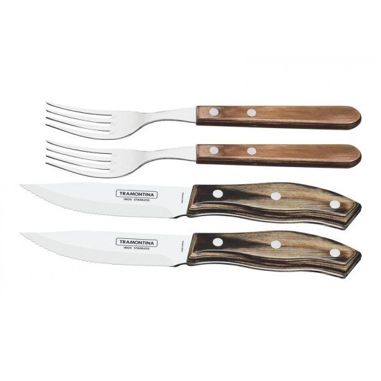 JOGO DE TALHERES CHURRASCO AÇO INOX CABO CASTANHO POLYWOOD COM ESTOJO DE MADEIRA 4 PEÇAS TRAMONTINA
