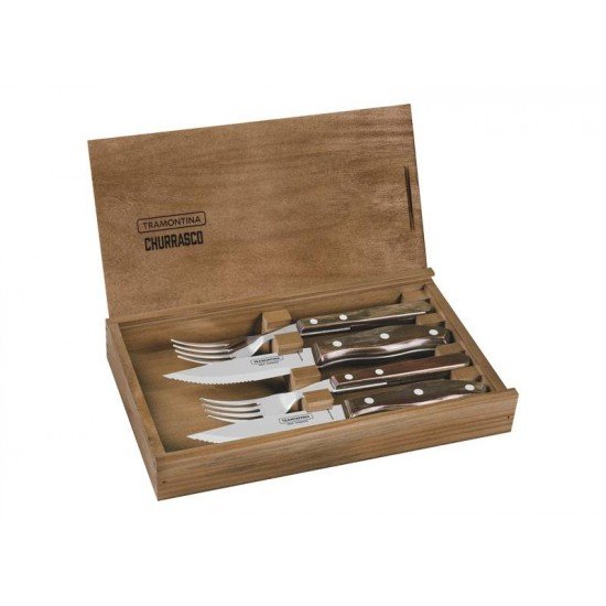JOGO DE TALHERES CHURRASCO AÇO INOX CABO CASTANHO POLYWOOD COM ESTOJO DE MADEIRA 4 PEÇAS TRAMONTINA