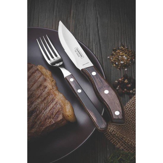 JOGO DE TALHERES CHURRASCO AÇO INOX CABO CASTANHO POLYWOOD COM ESTOJO DE MADEIRA 4 PEÇAS TRAMONTINA